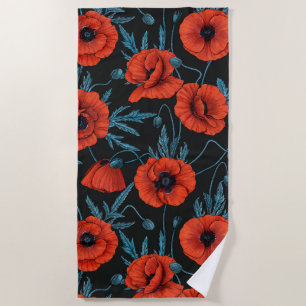 Poppies, red and blue on black beach towel