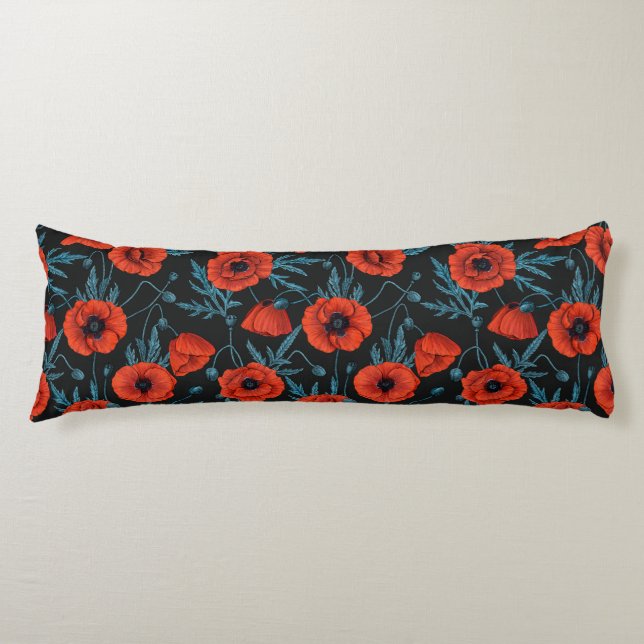 Poppies, red and blue on black body cushion (Front)