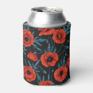 Poppies, red and blue on black can cooler