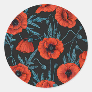 Poppies, red and blue on black classic round sticker