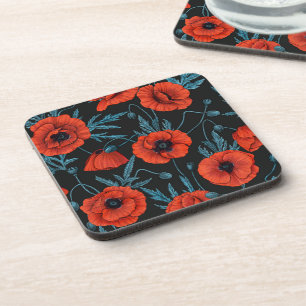 Poppies, red and blue on black coaster