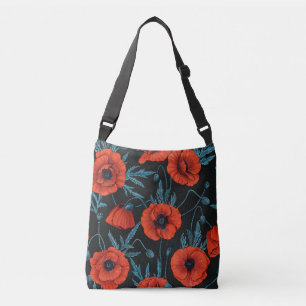 Poppies, red and blue on black crossbody bag