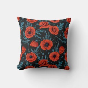 Poppies, red and blue on black cushion