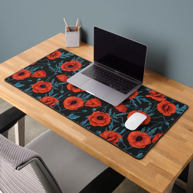 Poppies, red and blue on black desk mat (Office 2)