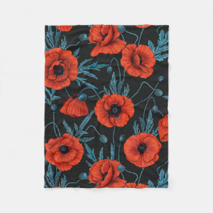 Poppies, red and blue on black fleece blanket
