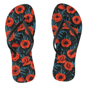 Poppies, red and blue on black flip flops