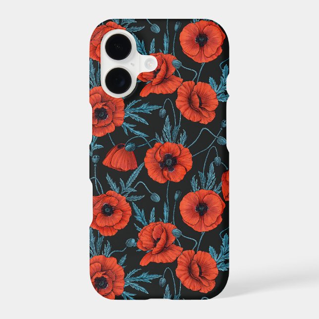 Poppies, red and blue on black iPhone case (Back)