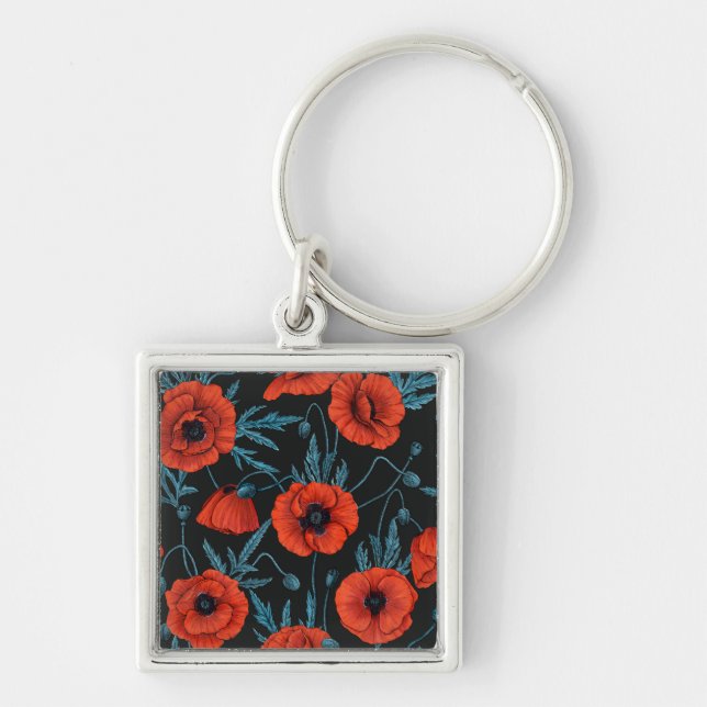 Poppies, red and blue on black key ring (Front)