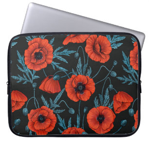 Poppies, red and blue on black laptop sleeve