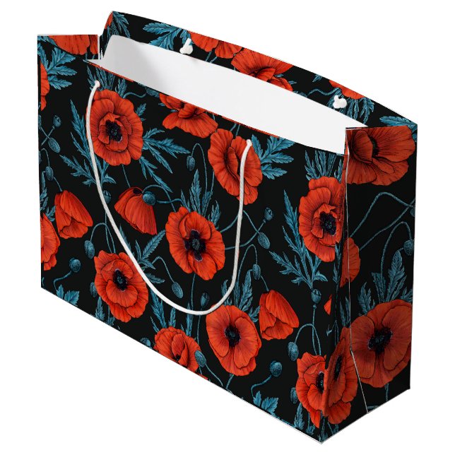Poppies, red and blue on black large gift bag (Back Angled)