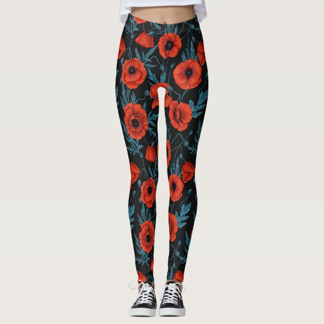 Poppies, red and blue on black leggings (Front)