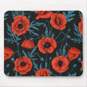 Poppies, red and blue on black mouse mat