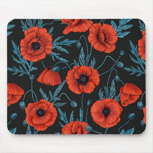 Poppies, red and blue on black mouse mat (Front)