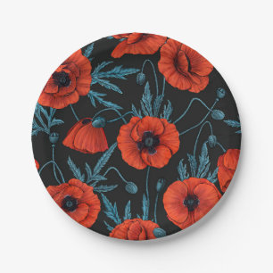Poppies, red and blue on black paper plate
