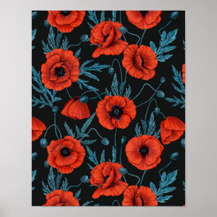 Poppies, red and blue on black poster