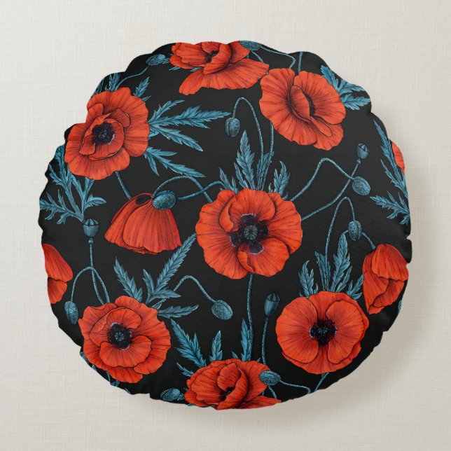 Poppies, red and blue on black round cushion (Front)