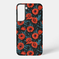Poppies, red and blue on black