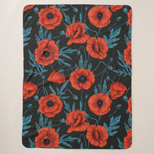 Poppies, red and blue on black sherpa blanket