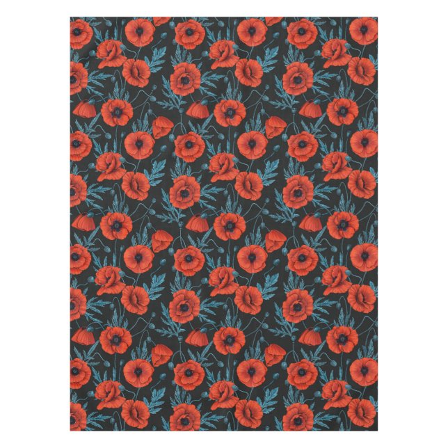 Poppies, red and blue on black tablecloth (Front)