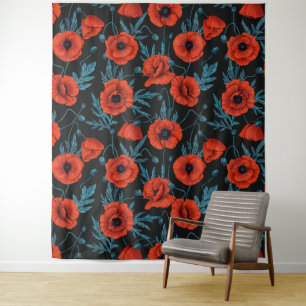 Poppies, red and blue on black tapestry