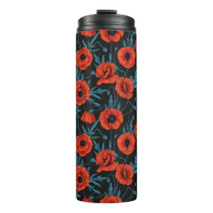 Poppies, red and blue on black thermal tumbler