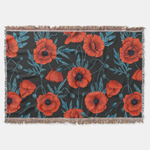 Poppies, red and blue on black throw blanket