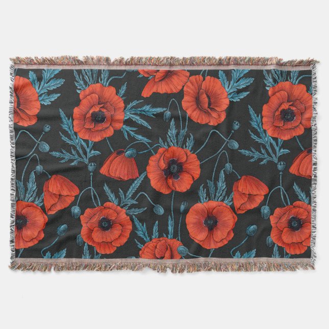 Poppies, red and blue on black throw blanket (Front)
