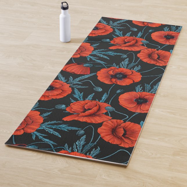 Poppies, red and blue on black yoga mat (In Situ)