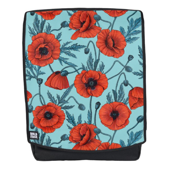 Poppies, red and blue on pool blue backpack (Front)