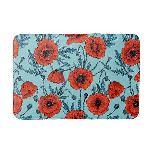 Poppies, red and blue on pool blue bath mat (Front)