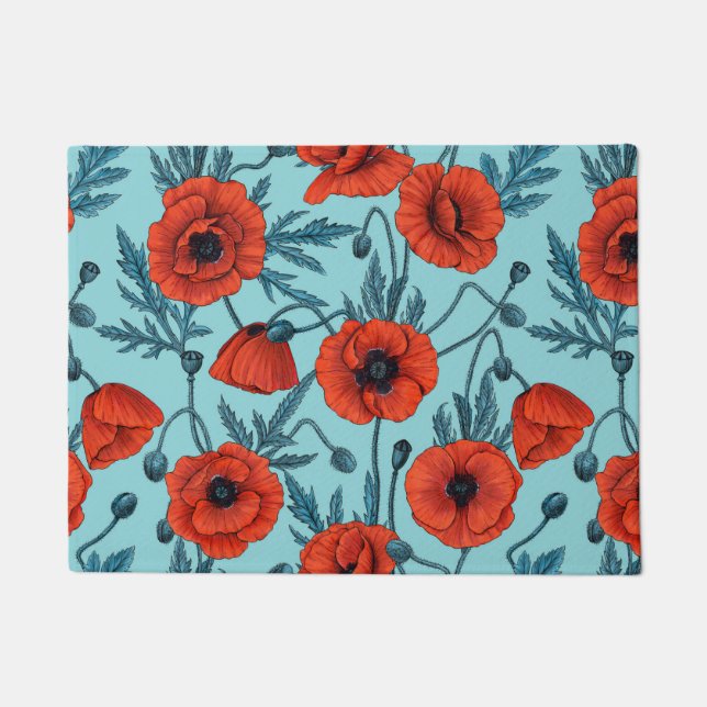 Poppies, red and blue on pool blue doormat (Front)