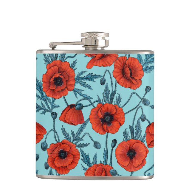 Poppies, red and blue on pool blue hip flask (Front)