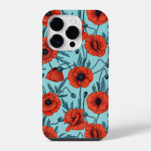 Poppies, red and blue on pool blue iPhone 14 pro case