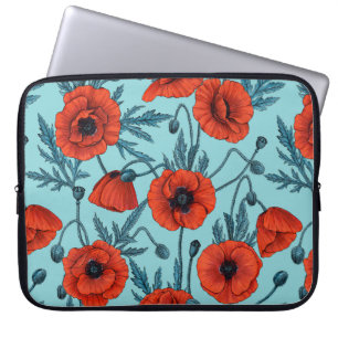Poppies, red and blue on pool blue laptop sleeve