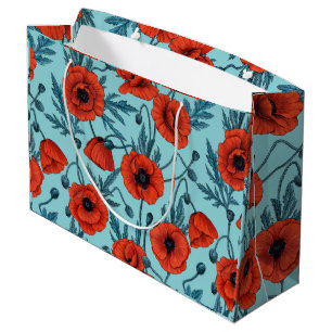 Poppies, red and blue on pool blue large gift bag