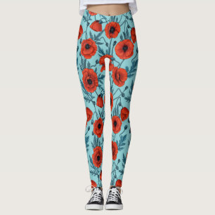 Poppies, red and blue on pool blue leggings
