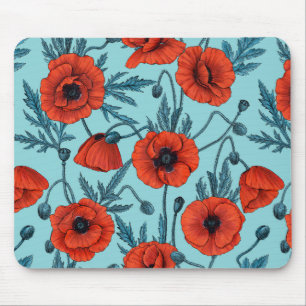 Poppies, red and blue on pool blue mouse mat