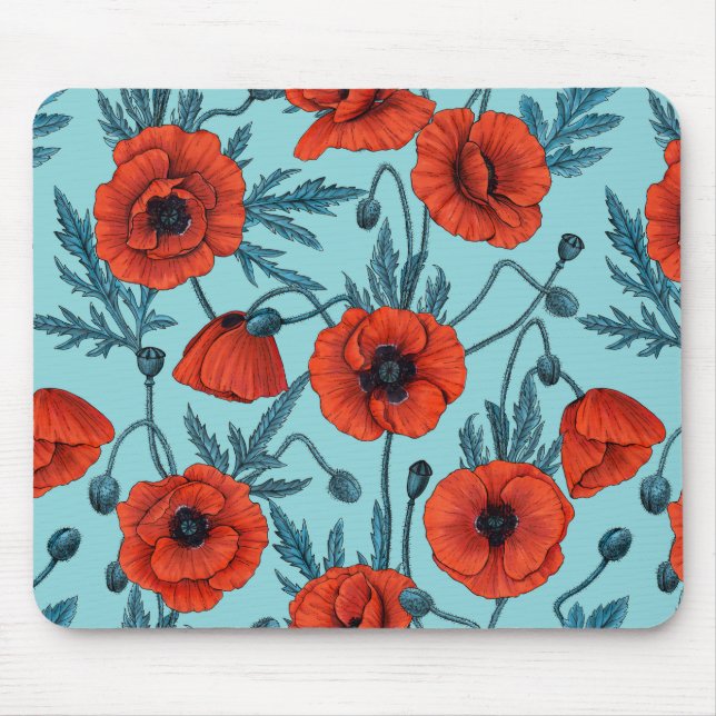 Poppies, red and blue on pool blue mouse mat (Front)
