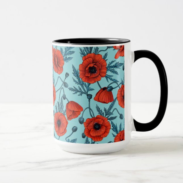 Poppies, red and blue on pool blue mug (Right)