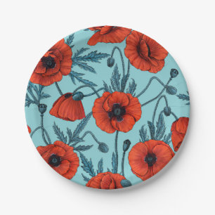 Poppies, red and blue on pool blue paper plate