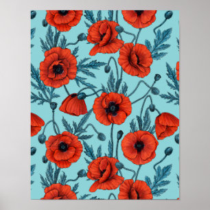 Poppies, red and blue on pool blue poster