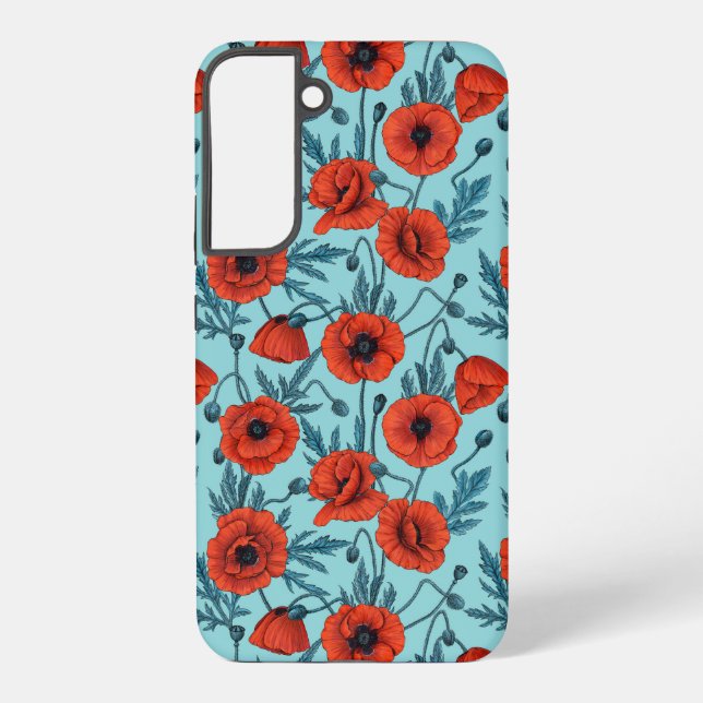 Poppies, red and blue on pool blue samsung galaxy s22+ case (Back)