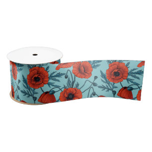 Poppies, red and blue on pool blue satin ribbon