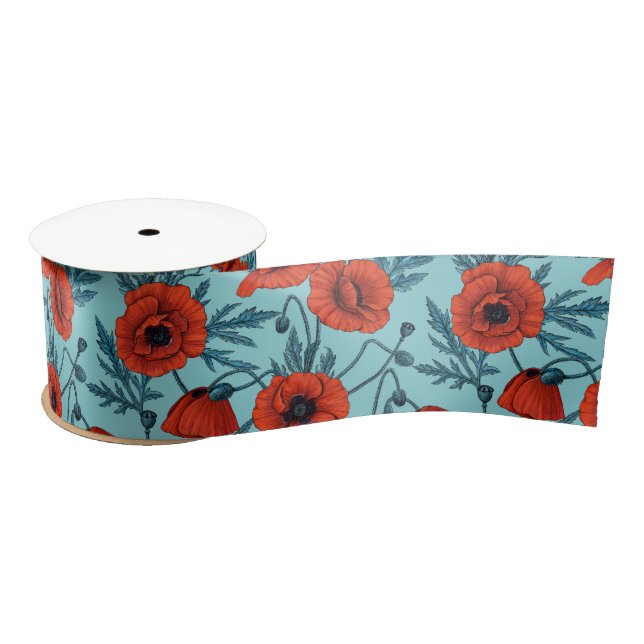 Poppies, red and blue on pool blue satin ribbon (Spool)