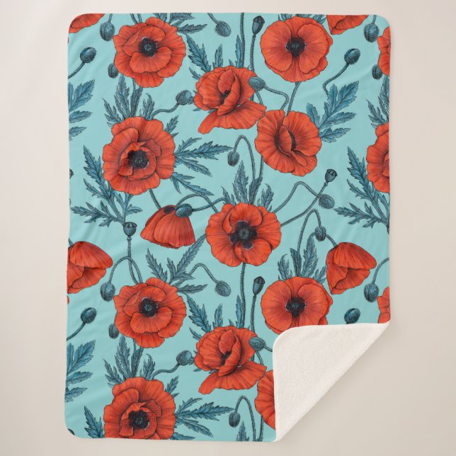 Poppies, red and blue on pool blue sherpa blanket (Front)