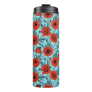 Poppies, red and blue on pool blue thermal tumbler