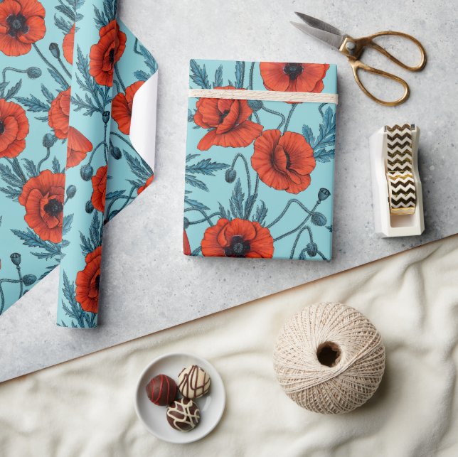 Poppies, red and blue on pool blue wrapping paper (Crafts)