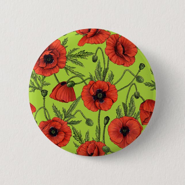 Poppies, red and green on lime green 6 cm round badge (Front)