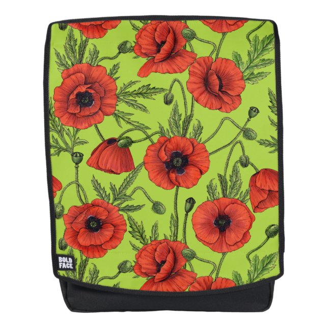 Poppies, red and green on lime green backpack (Front)