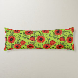 Poppies, red and green on lime green body cushion
